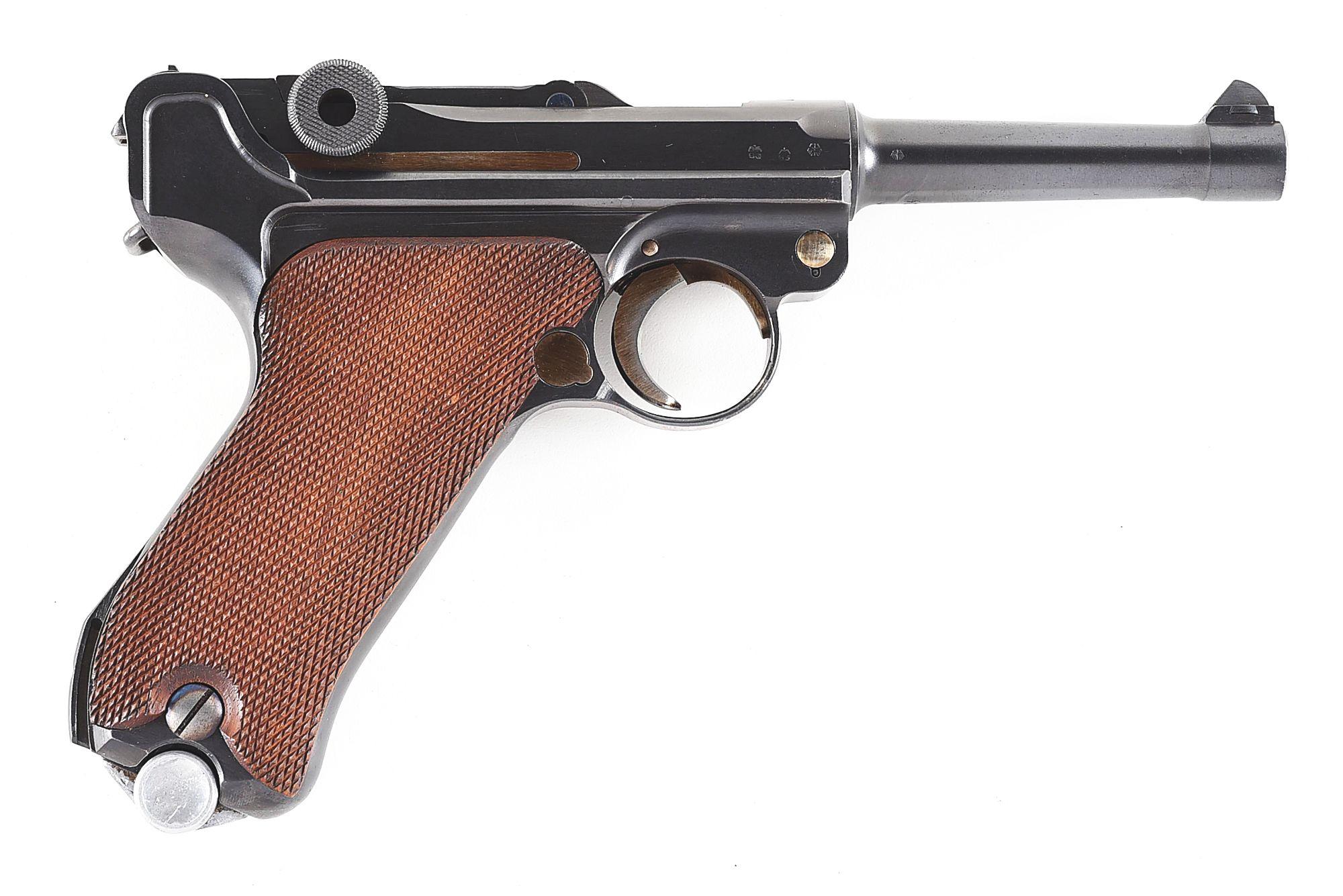 (C) MAUSER S/42 CODE P.08 LUGER SEMI-AUTOMATIC PISTOL WITH MATCHING MAGAZINE AND HOLSTER.