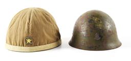 LOT OF 2: JAPANESE WWII ARMY HELMET WITH COVER AND JAPANESE NAVY HELMET.