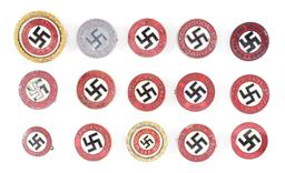 LOT OF 15: THIRD REICH NSDAP PARTY PINS, INCLUDING 2 GOLD NUMBERED PINS.