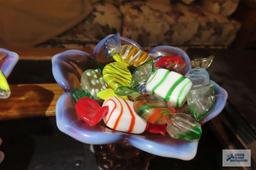 Two pedestal candy dishes with glass candy