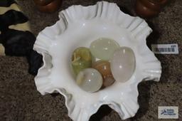 Milk glass fluted bowl with marble/alabaster eggs