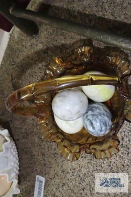 Amber glass fluted basket with marble/alabaster eggs