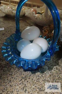 Glass fluted basket with glass eggs