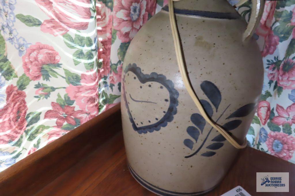 Blue decorative crock jug lamp with punch tin shade