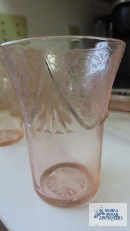 Pink Depression etched divided dish and glasses