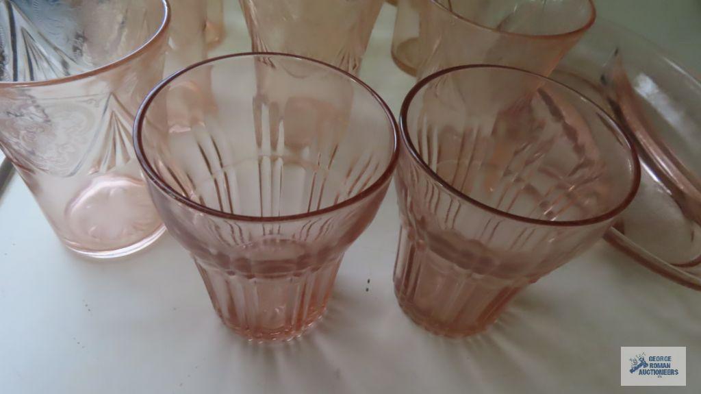 Pink Depression etched divided dish and glasses