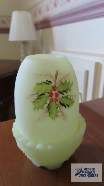 Fenton Christmas hand-painted candle holders and bird