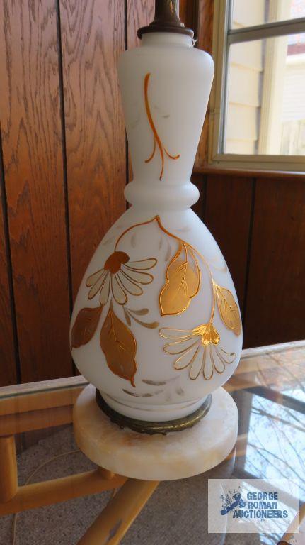 Floral painted glass lamp with marble base