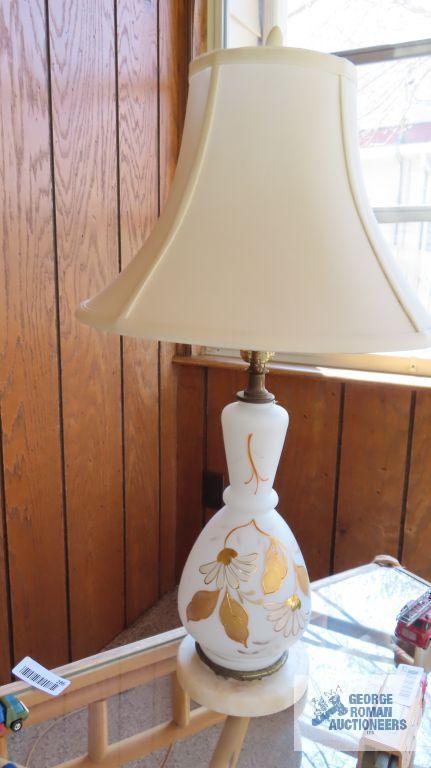Floral painted glass lamp with marble base