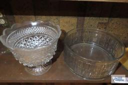 glass candy dish, centerpiece dish, and enameled dish made by Evans and tin