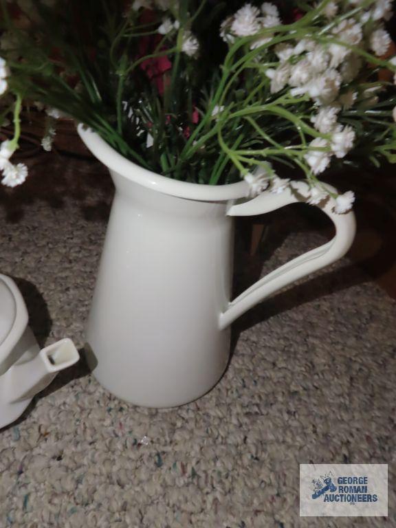 Assorted stoneware pitchers, pitcher with florals and etc