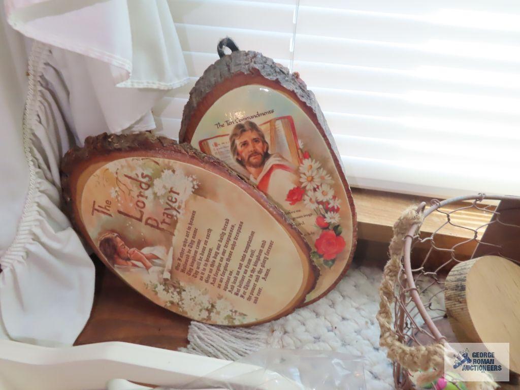 Wood decorative items, religious signs, painted tray, figurines and etc