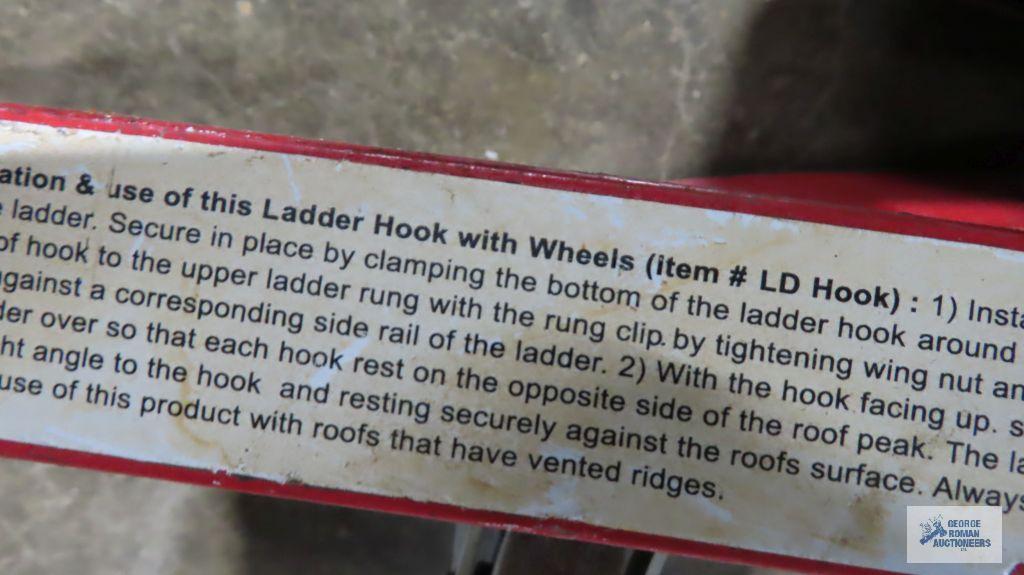 Ladder hooks with wheels and roofing brackets