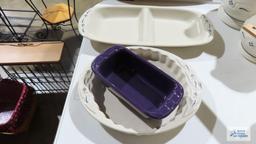 Longaberger...Pottery divided dish, pie...plate,...and purple bread pan