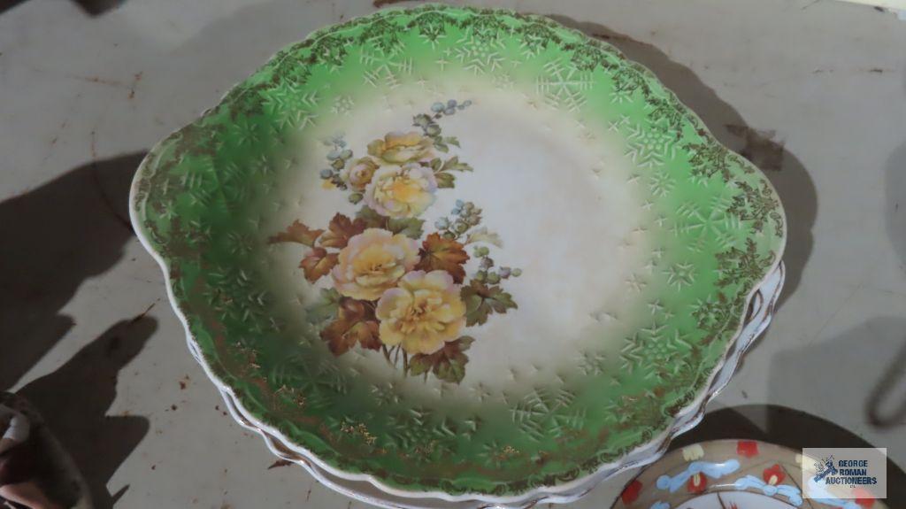 Leigh Ware, warranted 22 karat gold, Roses of Sharon, green plate....E. E. G. Co. porcelain floral