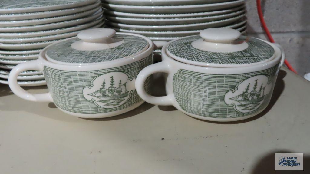 50's Currier & Ives green transfer ware dinnerware, 16 large plates, 14 small plates, 17 saucers, 19