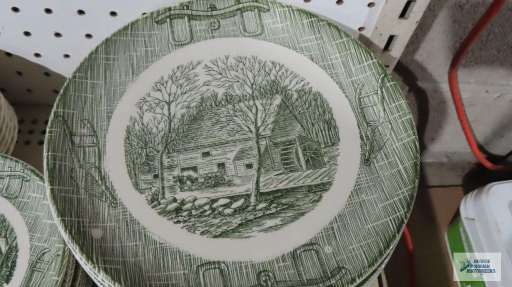 50's Currier & Ives green transfer ware dinnerware, 16 large plates, 14 small plates, 17 saucers, 19