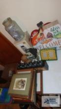 Variety of fall decor, Lighted jar, Candle holders,...and group of pictures.