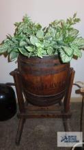 Hawthorne barrel on stand marked number one made into planter