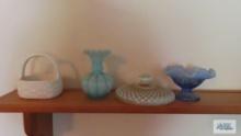 Blue frosted fringed strawberry dish, teal frosted fringed vase,...hobnail lid and ceramic basket