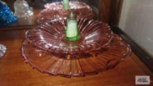 Pink glass serving dish and bowl and green glass salt shaker