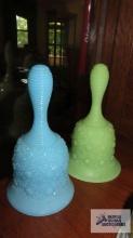 Blue and green bells, both marked Fenton