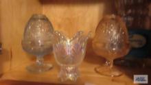 Blue and pink tinted glass candle holders and opalescent candle holder