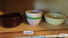 Oven serve bowl, pottery style green striped bowl, and brown ware bowl