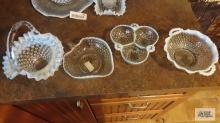 Hobnail frosted edged divided dishes, handle dishes, and basket