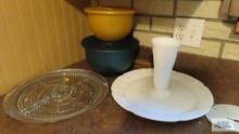 Milk glass platter, vase, glass divided plate, and plastic ware