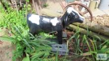 cow concrete figurine, cow crossing sign, and bell. Approximately 2.5 foot tall