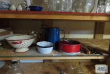 Enamelware strainer, bowls, pitcher and other grater, cookie cutters and utensils