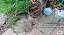 Antique log roller, advertising dustpan and stall shovel