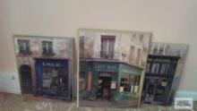 Three canvas prints of variety of cafes, one marked chiu tak hak