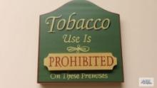 Decorative painted spindle figurines, elephant wooden wall hook and tobacco prohibited sign