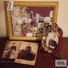 Variety of Victorian style pictures, one framed with lace and buttons, other in decorative frame