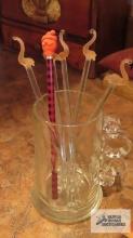 Lot of drink stirrers and etched glass mug