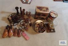 Assorted wooden spools and wooden shoe mold and vintage prescription box. Tin box of wooden spools.