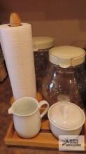 Corning creamer and sugar. plastic canisters and paper towel dispenser.