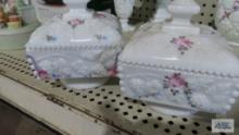 Westmoreland milk glass rose motif covered containers