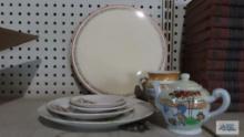 Miscellaneous China, including cake plate. China plates creamer and Indian miniature teapot
