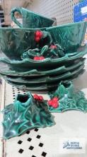 Lefton, Christmas holly luncheon set with candle holders and napkin rings