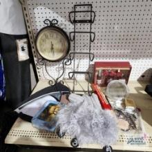 Decorative metal rack, battery powered decorative clock, room scent set, scissors, beauty items,