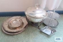 Silverplate trays, covered casserole, basket, and two tier plate