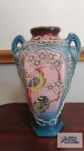 Bird floral teal colored vase