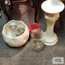 Ceramic planter stand with planter, clear vase and etc