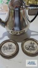 Silverplate and porcelain miniature plaque reproductions and Risco pewter teapot