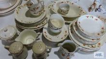 Lot of Hall jewel autumn leaf dishes and salt and pepper shakers. Some have damage.