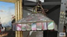 Antique leaded glass hanging lamp...with Bryant switch knobs. Base of lamp is 20-1/2 in. wide