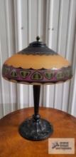 Antique Pittsburgh Brass and Glass Company lamp. 21 in tall. Base of lamp shade is 14 in tall